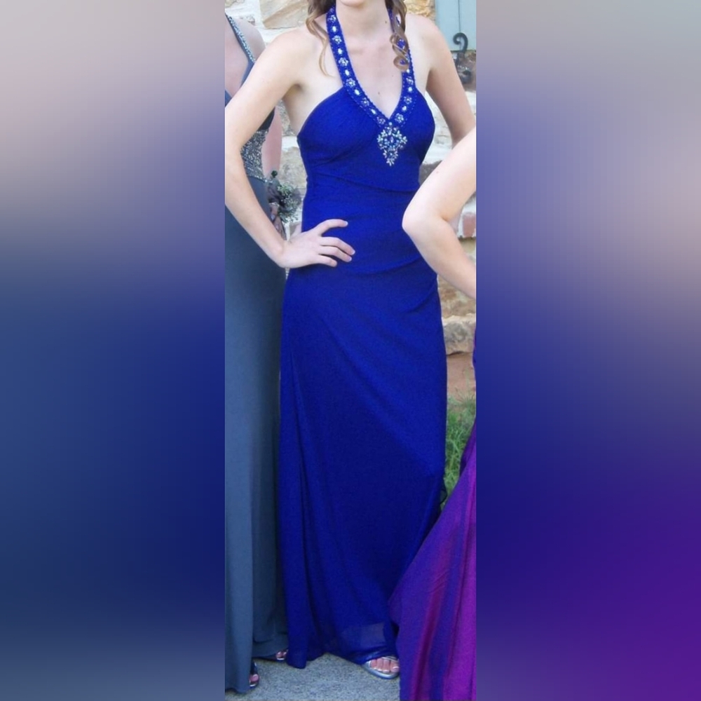 Blue Prom Dress, sparkly design. Halter neck. Size 4 Betsy & Adam